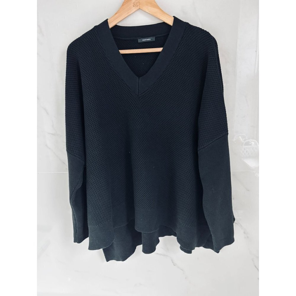 NATORI Knitted Cotton V-Neck Sweater Tunic Knitted Textured Black Size XLarge